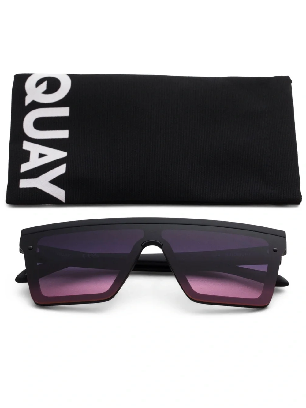 QUAY Hindsight Sunglasses Matte Black Frame Black Pink Fade Lens Shield NEW